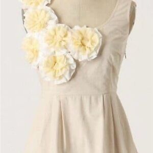 Anthropologie Floreat Cream White 3D Floral Top Boho Feminine Cotton Ruffle Back